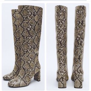 Zara Snake Embossed Knee-High Heeled Boots